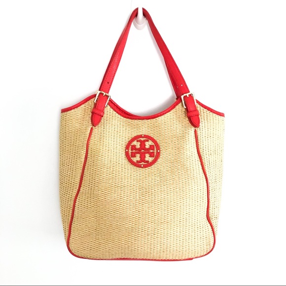 Tory Burch Handbags - {TORY BURCH} Woven Straw Orange Leather Tote